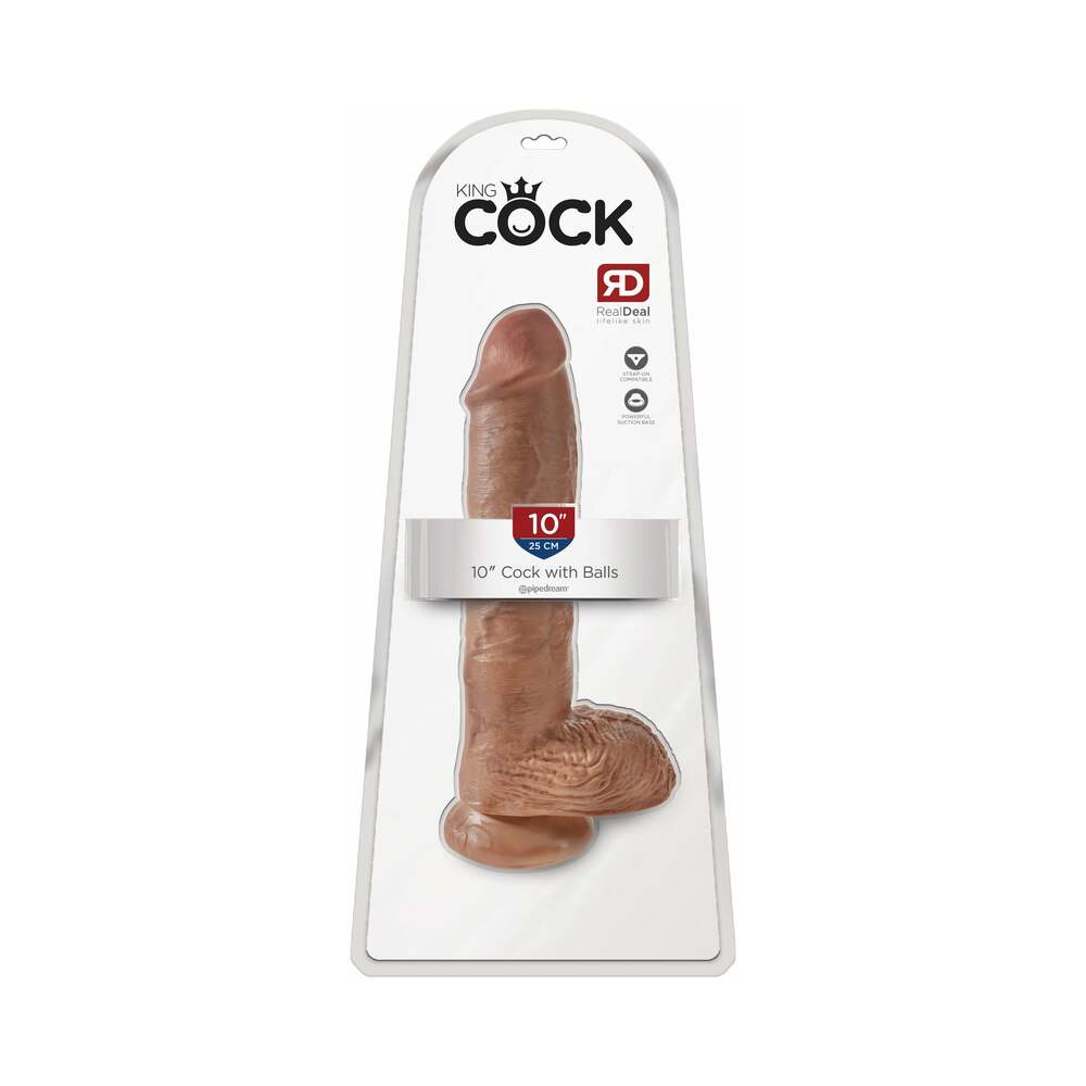 King Cock 10 in. Cock With Balls Realistic Suction Cup Dildo Tan
