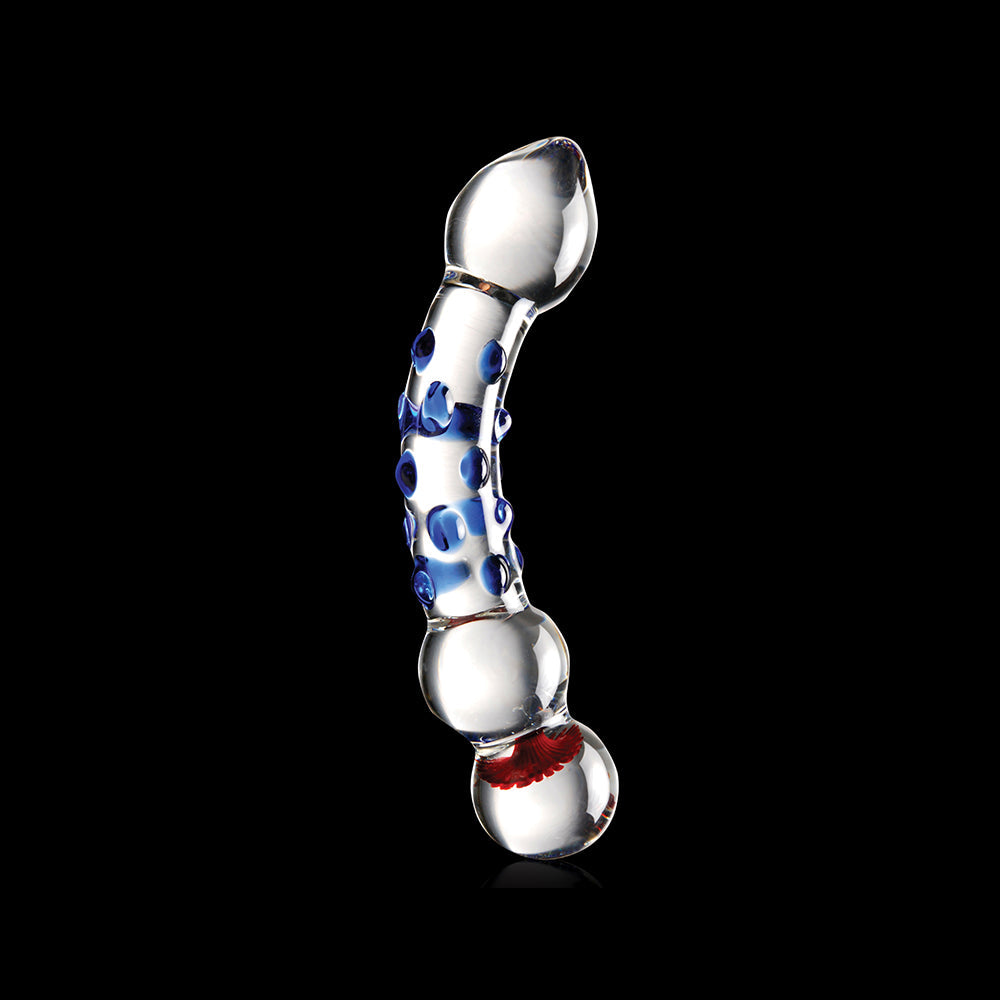 Icicles No. 18 Curved Textured 7.5 in. Glass Dildo Blue/Red/Clear