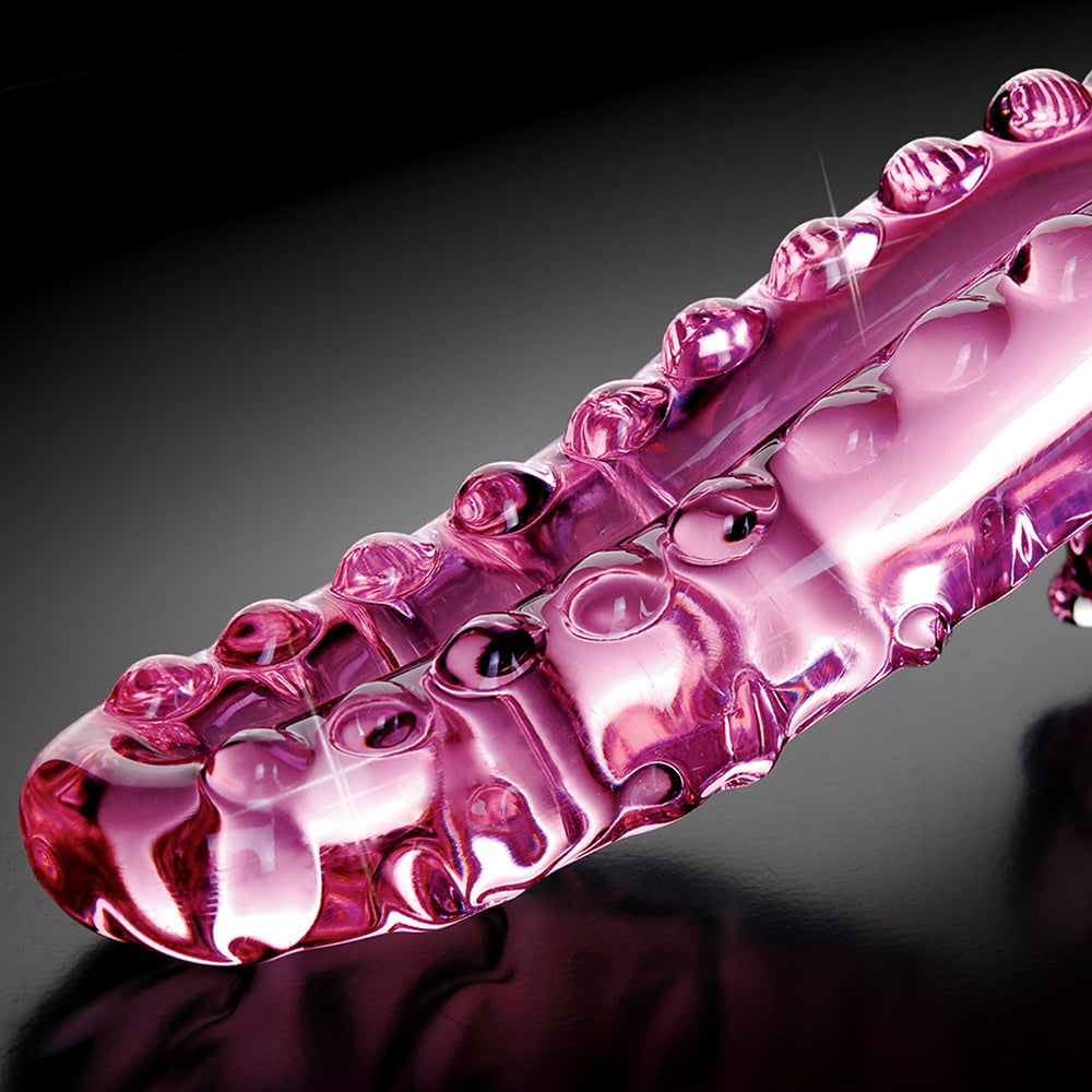 Icicles No. 24 Curved Textured 6 in. Glass Dildo With Handle Pink