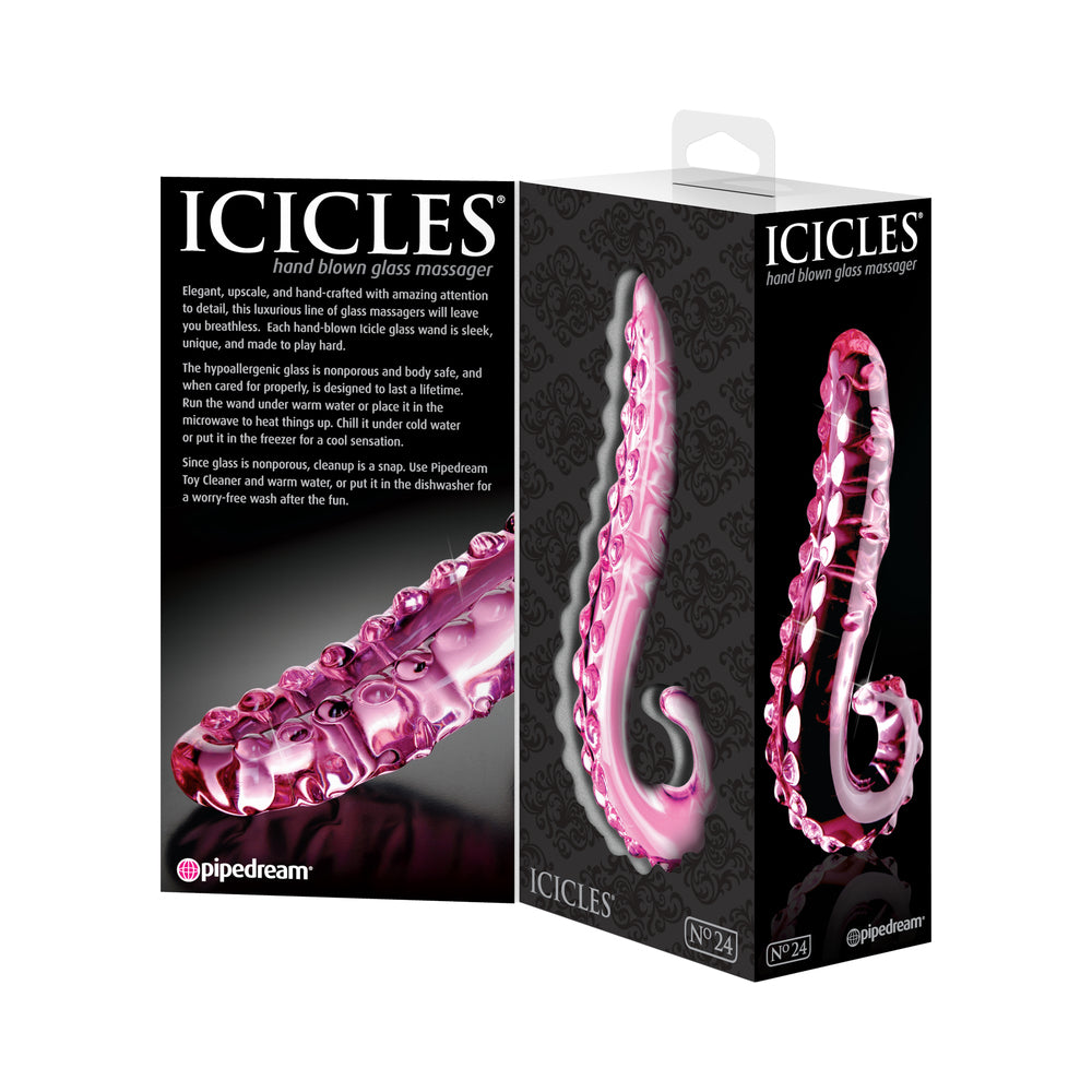 Icicles No. 24 Curved Textured 6 in. Glass Dildo With Handle Pink