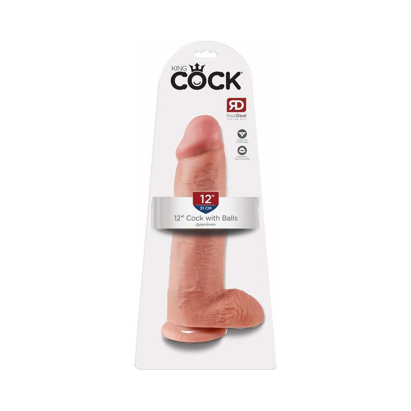 King Cock 12 in. Cock With Balls Realistic Suction Cup Dildo Beige