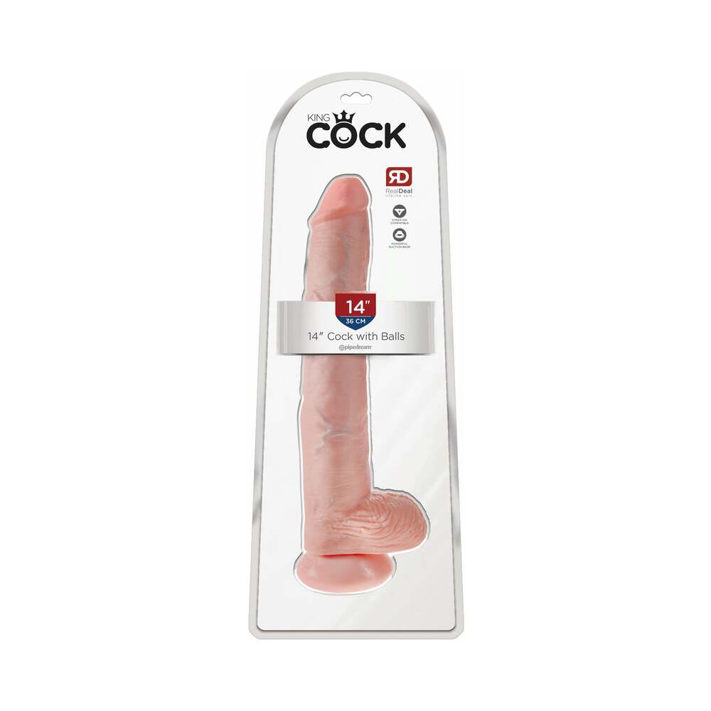 King Cock 14 in. Cock With Balls Realistic Suction Cup Dildo Beige