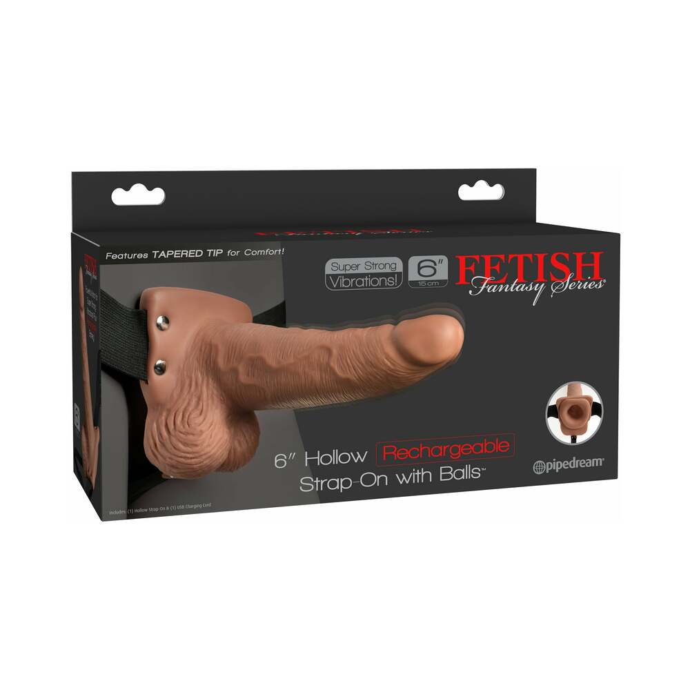 Fetish Fantasy Series Rechargeable Vibrating 6 in. Hollow Strap-On With Balls Tan/Black