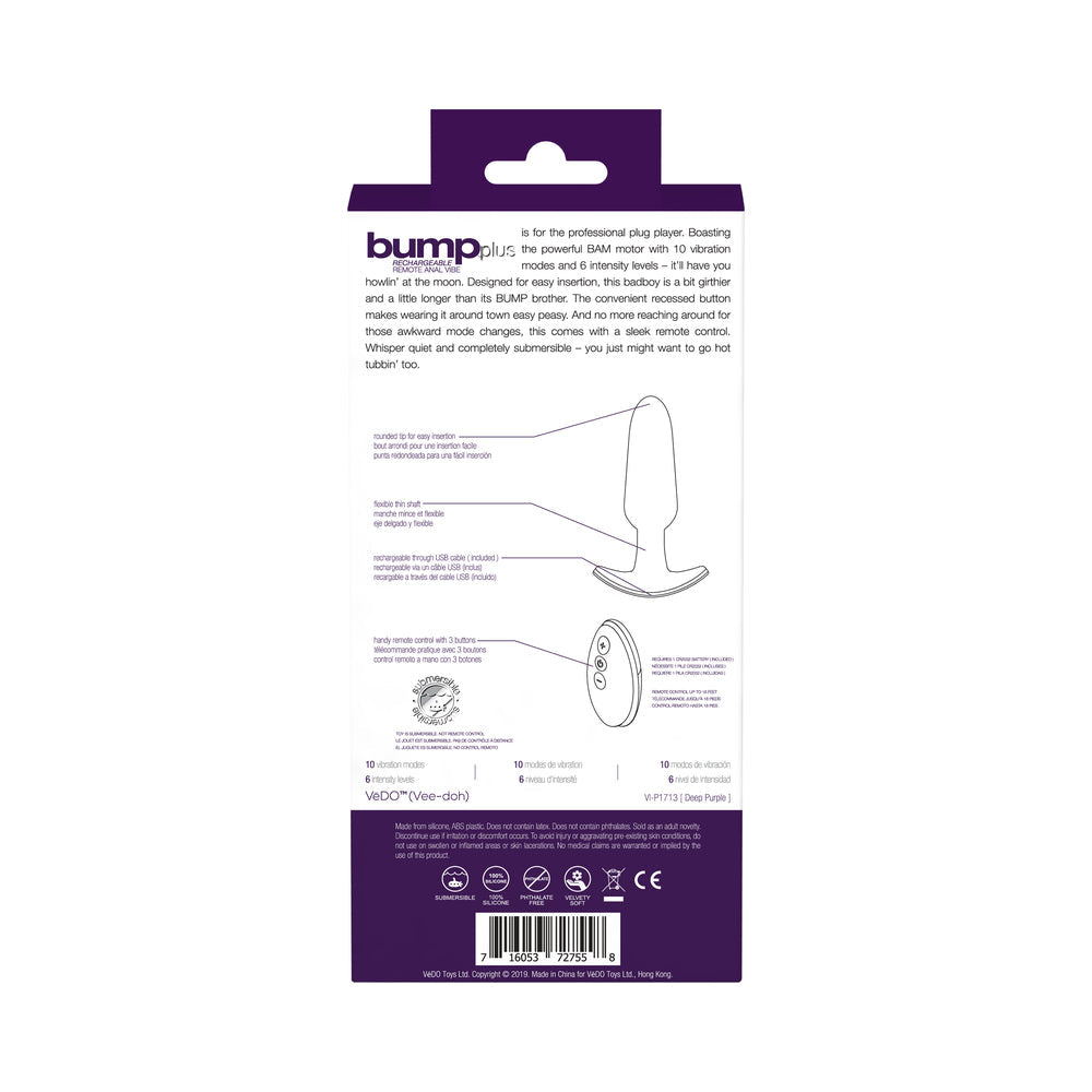 Bump Plus Rechargeable  Remote Control Anal Vibe Purple