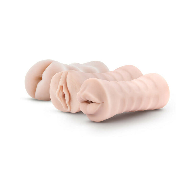 M for Men Soft + Wet Self-Lubricating 3-Pack Vibrating Stroker Sleeve Kit Beige