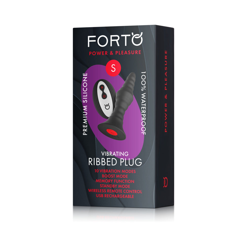 Forto Vibrating Ribbed Plug Rechargeable Remote-Controlled Silicone Anal Plug Small Black