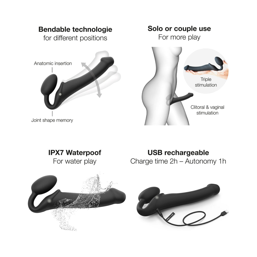 Strap-On-Me Rechargeable Remote-Controlled Silicone Vibrating Bendable Strap-On Black L