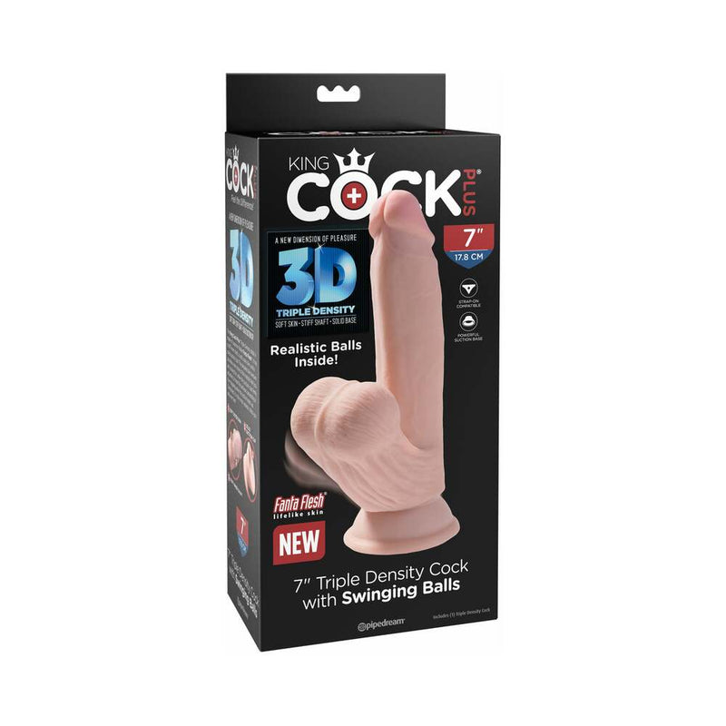 King Cock Plus 7 in. Triple-Density Cock With Swinging Balls Dildo Beige