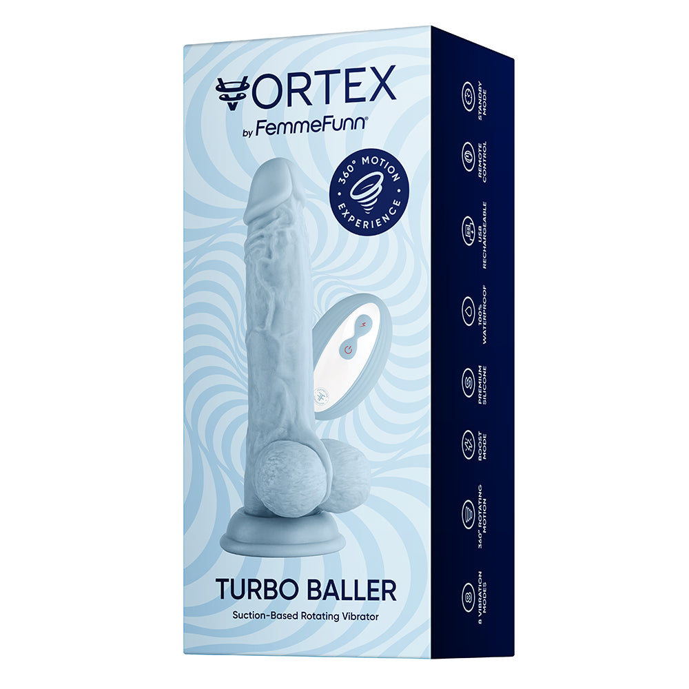 FemmeFunn Vortex Turbo Baller 2.0 8.25 in. Vibrating Rotating Dildo Light Blue