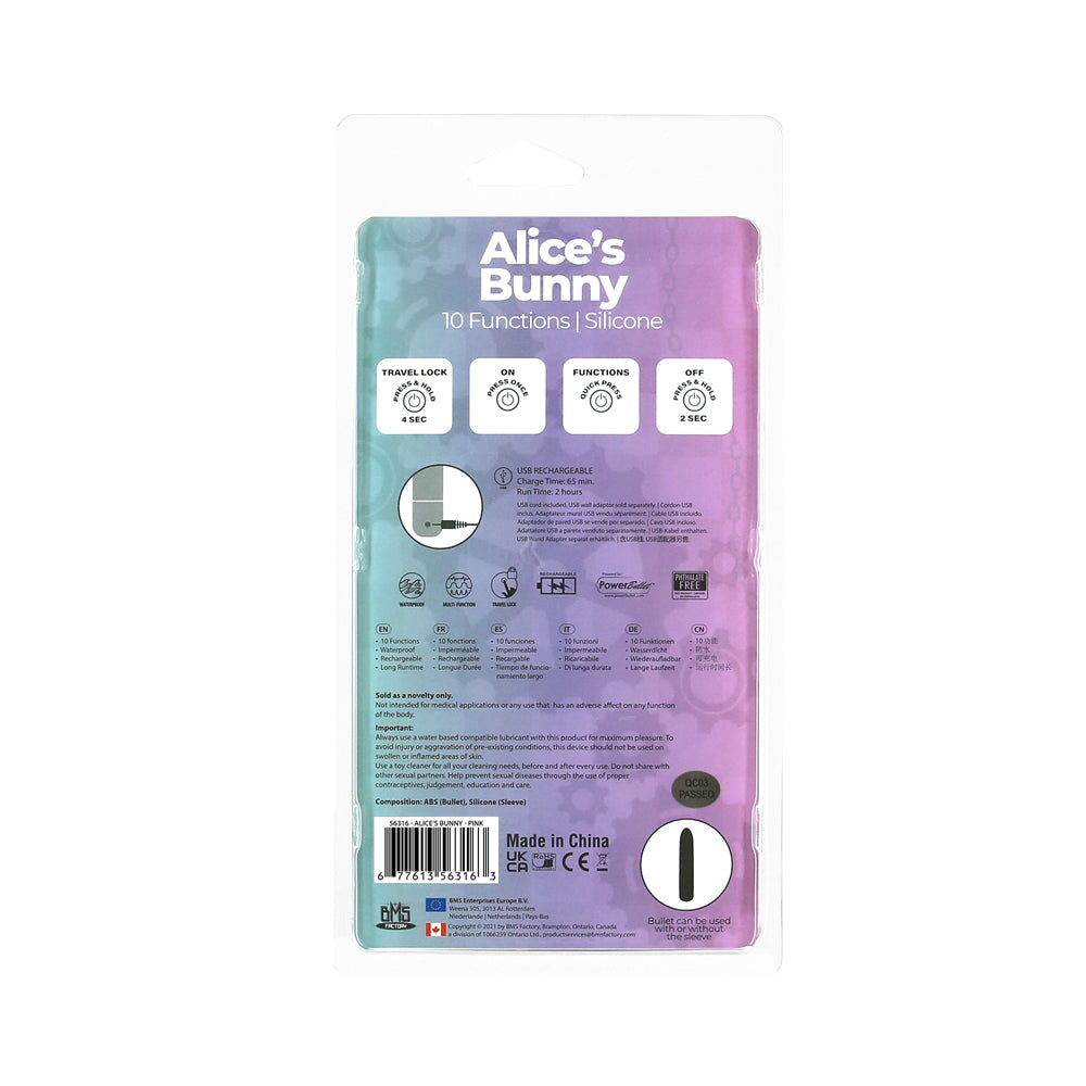 Powerbullet Alice''s Bunny Rechargeable Bullet Vibrator with Silicone Rabbit Sleeve Pink