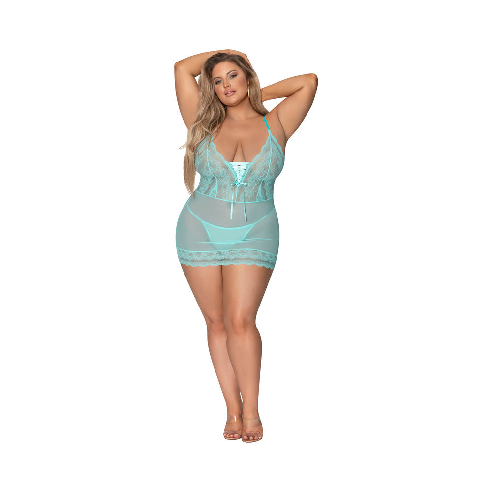 Magic Silk Seabreeze Lace-Up Chemise & G-String Turquoise Queen Size