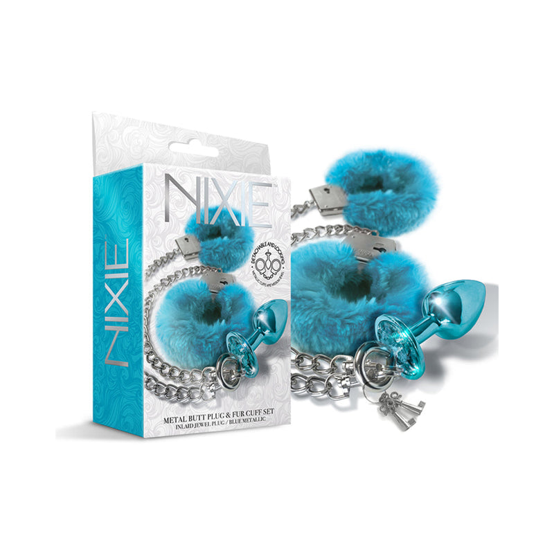 Nixie Metal Butt Plug & Furry Handcuff Set MediumÂ Blue Metallic