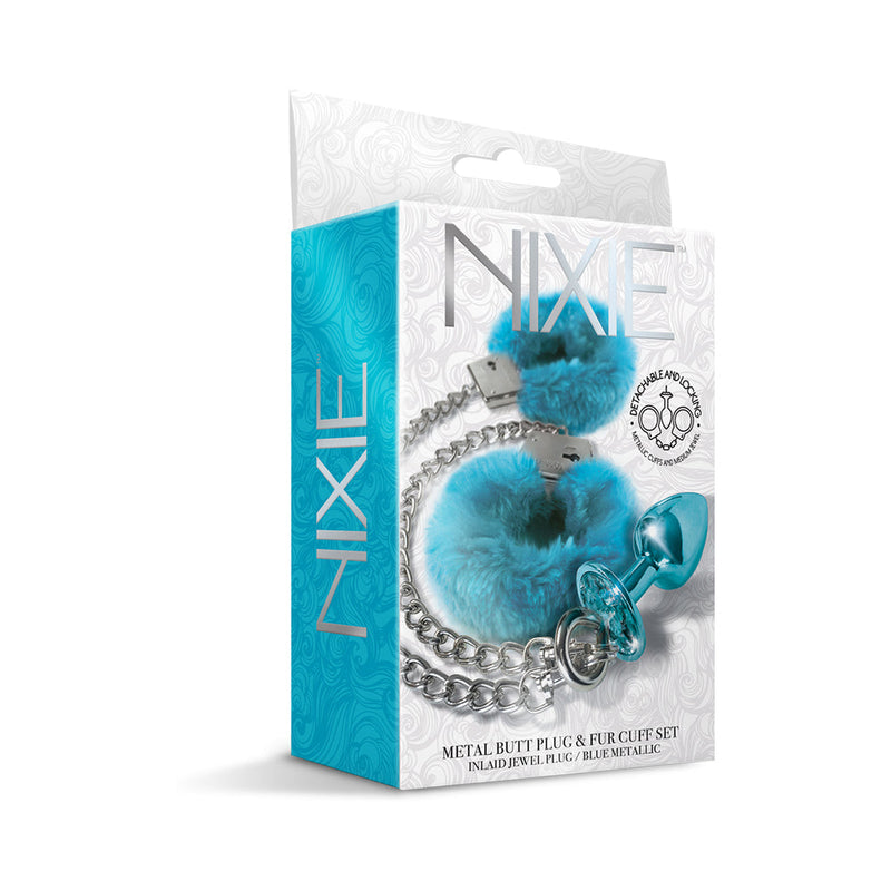 Nixie Metal Butt Plug & Furry Handcuff Set MediumÂ Blue Metallic