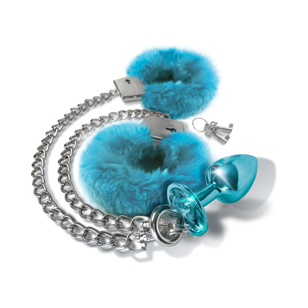 Nixie Metal Butt Plug & Furry Handcuff Set MediumÂ Blue Metallic