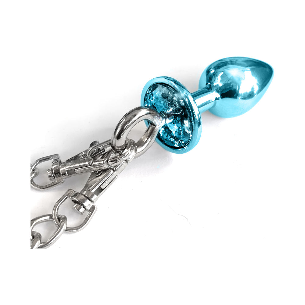 Nixie Metal Butt Plug & Furry Handcuff Set MediumÂ Blue Metallic