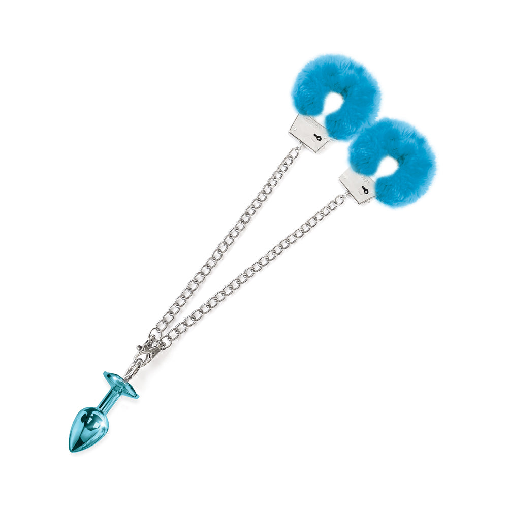 Nixie Metal Butt Plug & Furry Handcuff Set MediumÂ Blue Metallic