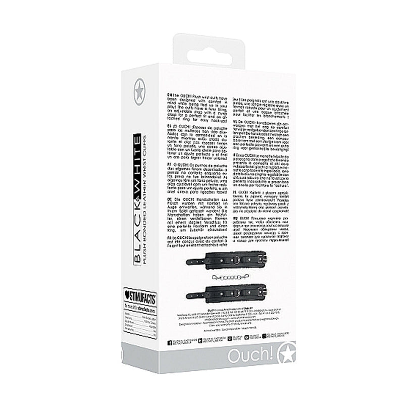 Ouch! Black & White Adjustable Plush Bonded Leather Hand Cuffs Black