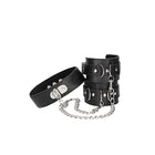 Ouch! Black & White Adjustable Bonded Leather Collar With Hand Cuffs & Chain Black