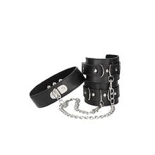 Ouch! Black & White Adjustable Bonded Leather Collar With Hand Cuffs & Chain Black