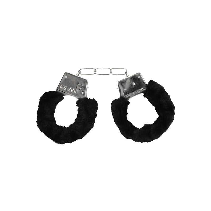 Ouch! Black & White Pleasure Furry Handcuffs with Quick-Release Button