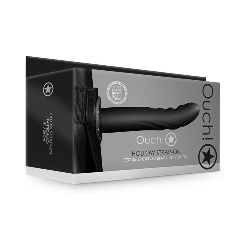 Ouch! Textured Curved 8 in. Hollow Strap-On Black
