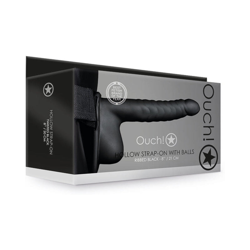 Ouch! Ribbed 8 in. Hollow Strap-On with Balls Black
