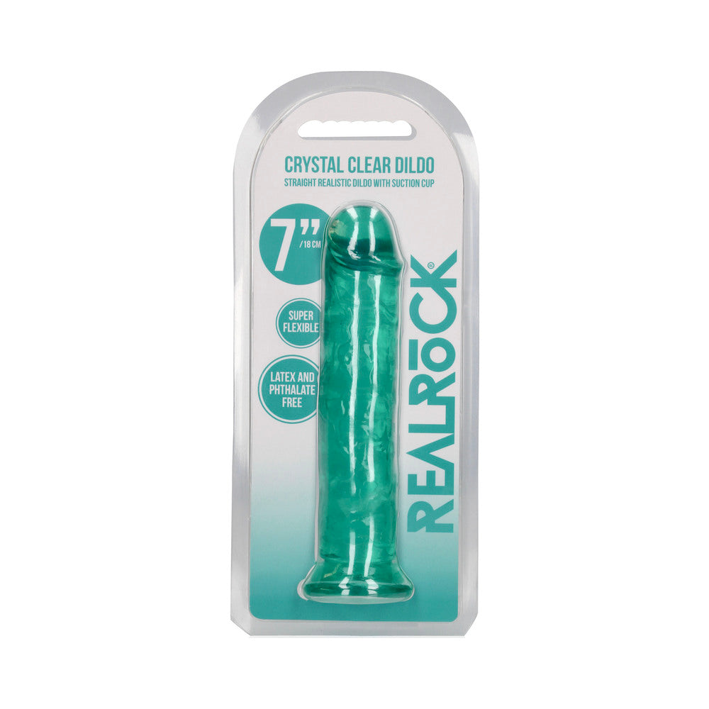 RealRock Crystal Clear Straight 7 in. Dildo Without Balls Turquoise