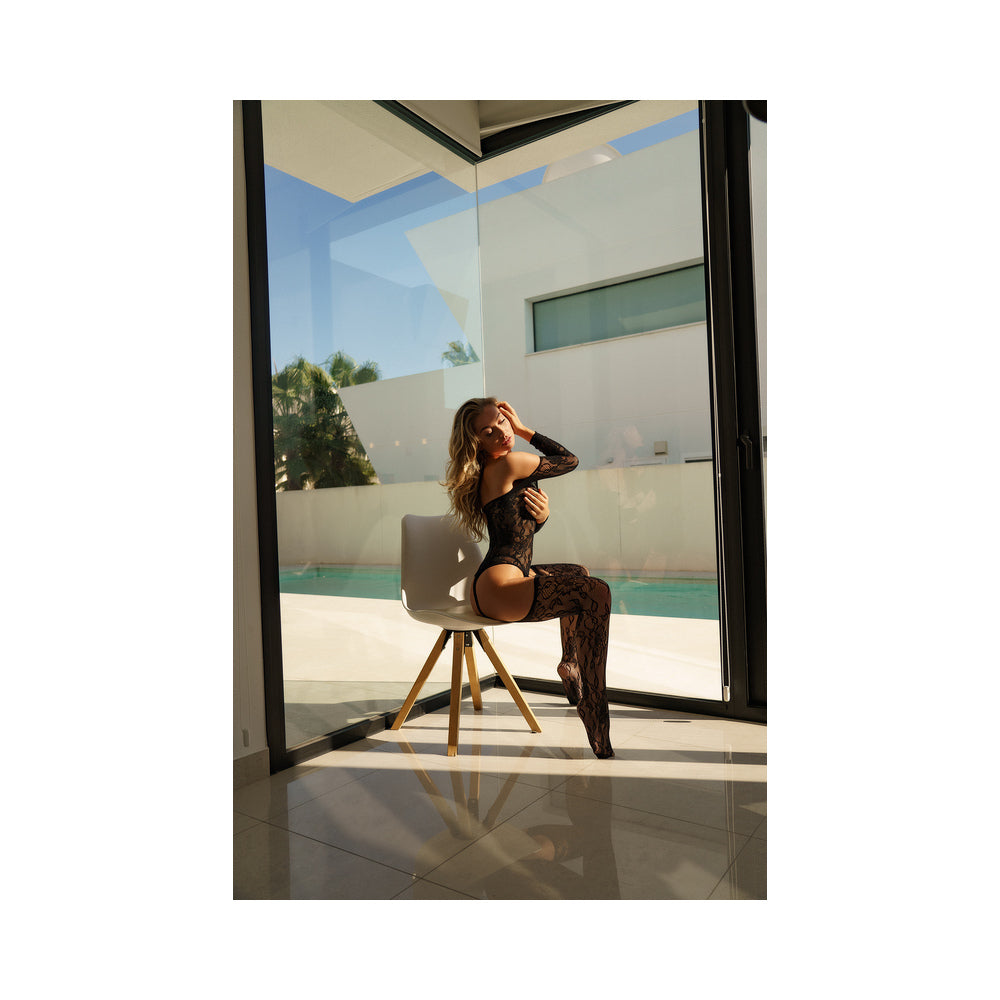 Le Desir Deep-V Criss-Cross Bodystocking Black O/S