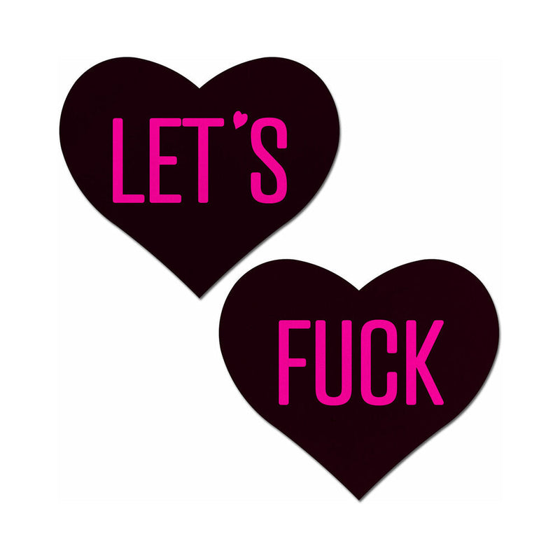 Pastease Love: Let''s Fuck Black Heart on Neon Pink Base Nipple Pasties