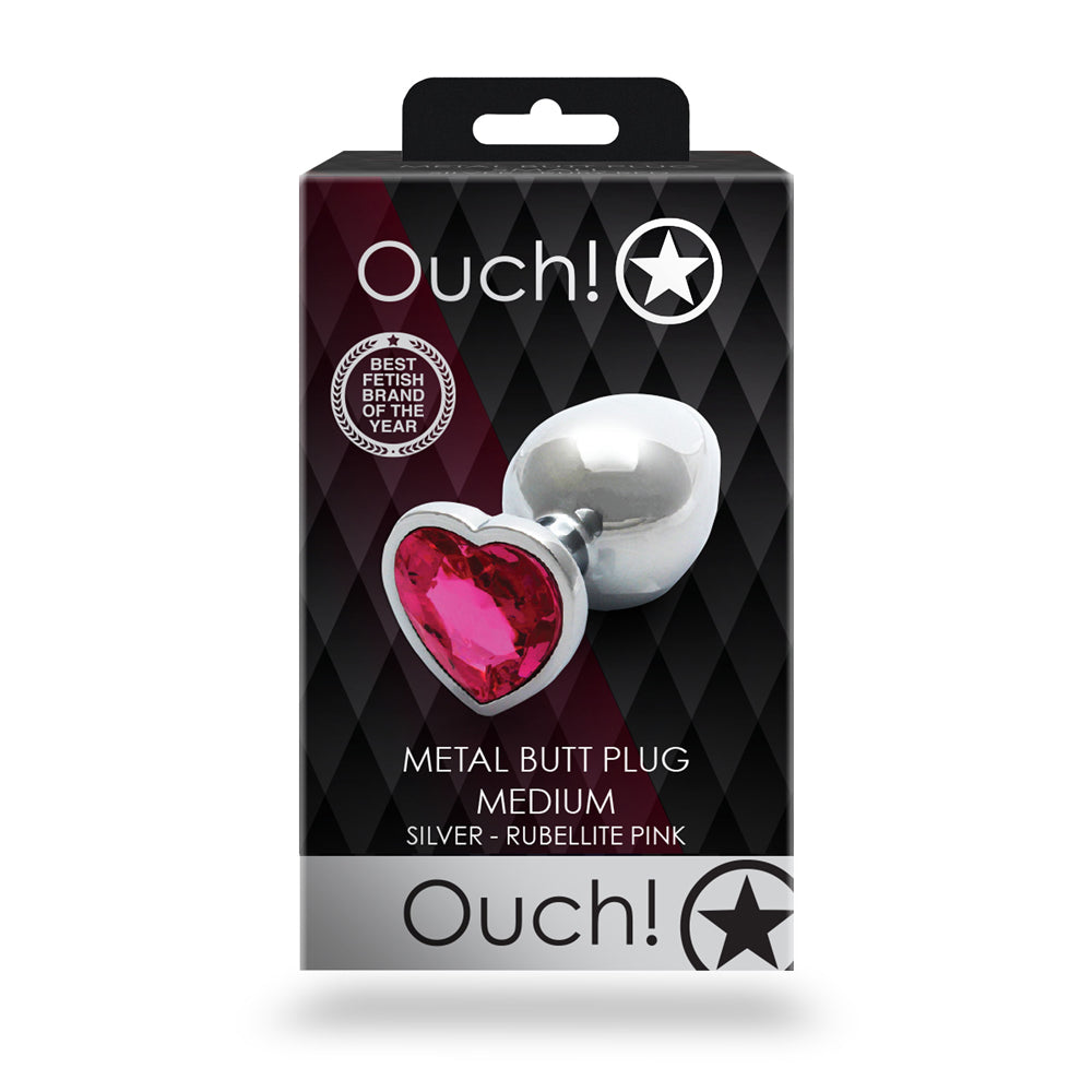 Ouch! Heart Gem Butt Plug Medium Silver/Rubellite Pink