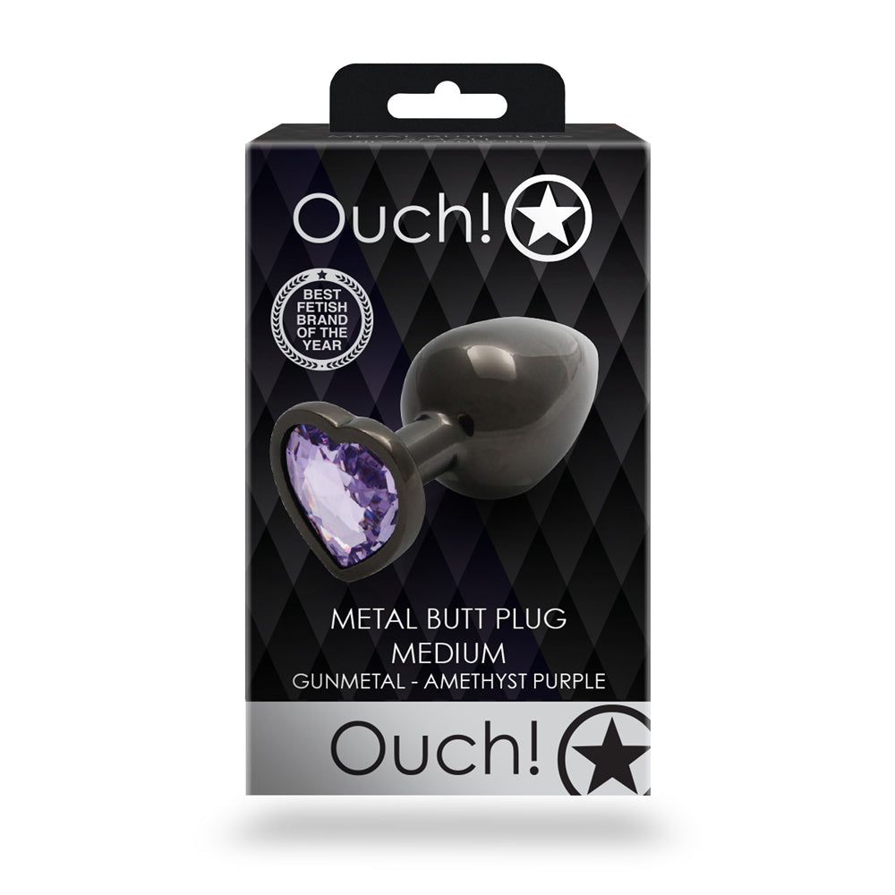 Ouch! Heart Gem Butt Plug Medium Gunmetal/Amethyst