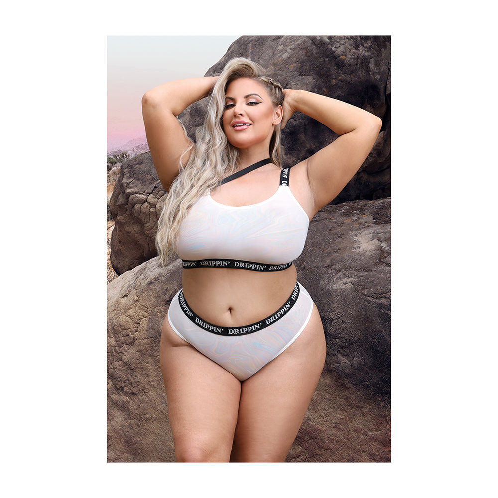 Fantasy Lingerie Vibes Drippin'' Iridescent Strappy One-Shoulder Top & Panty Pearl White Queen