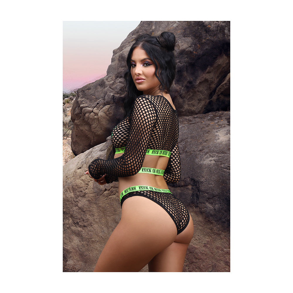 Fantasy Lingerie Vibes Fuck Ur Rules UV Reactive Longsleeve Fishnet Top, Panty, Pasties Black M/L