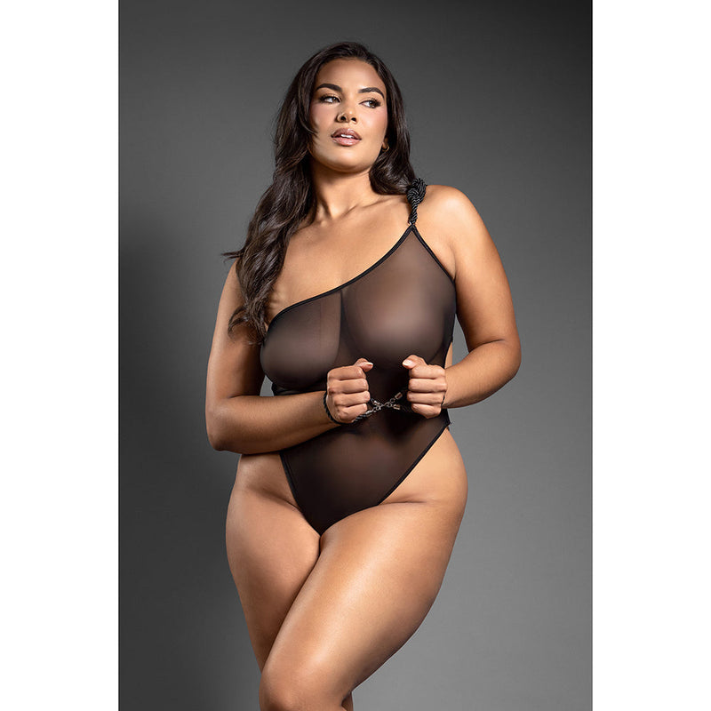 Fantasy Lingerie Domina One-Shoulder Mesh Teddy & Matching Rope Cuffs; Silver Hardware Queen Size