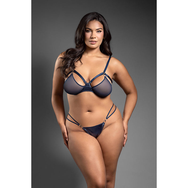 Fantasy Lingerie Domina Metallic Cage Bra with Openable Mesh Cups & Crotchless Panty Queen Size