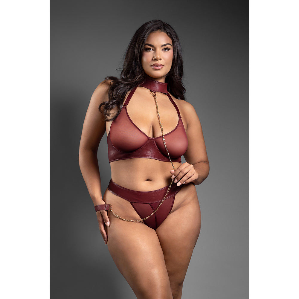 Fantasy Lingerie Domina Embossed Faux Leather Convertible Bra with Chain Leash & Open Panty Queen Size