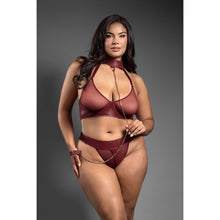 Fantasy Lingerie Domina Embossed Faux Leather Convertible Bra with Chain Leash & Open Panty Queen Size