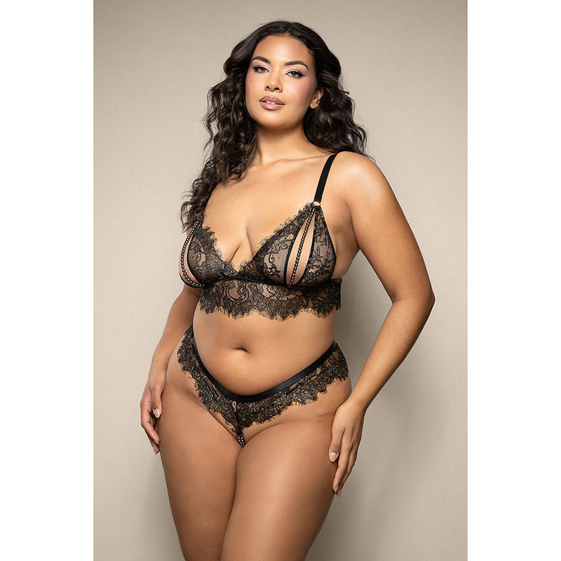 Fantasy Lingerie Opulence Lace Bralette with Split Pearl Cups & Crotchless Double Pearl Panty Queen Size