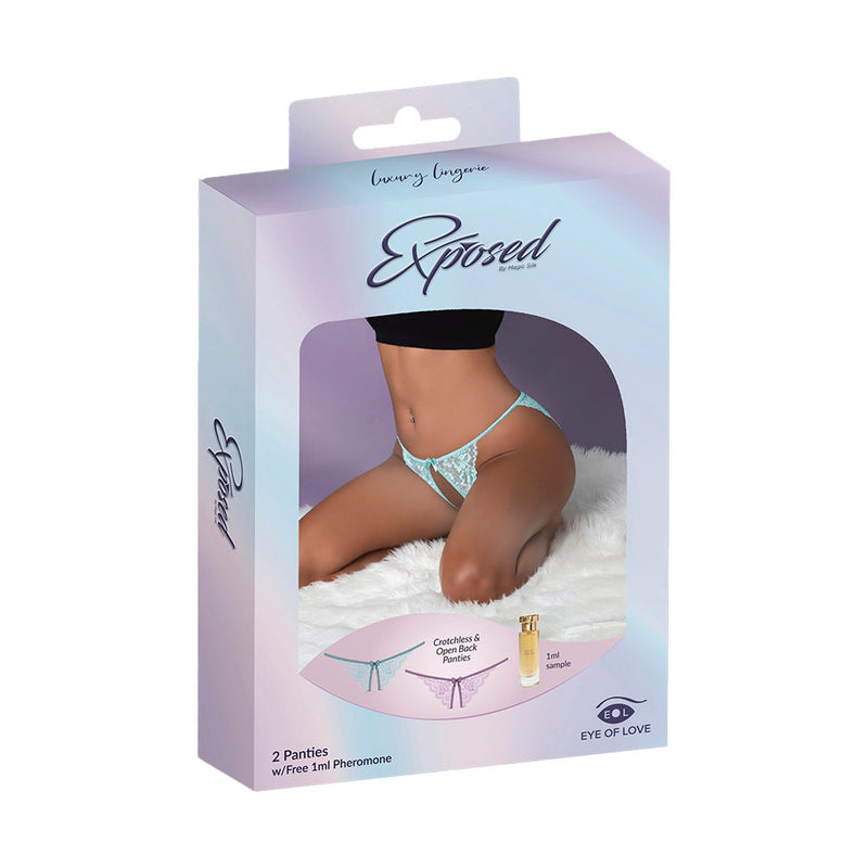Magic Silk Pheromone Panties Crotchless & Open Back Panty 2-Pack Lilac/Aqua S/M