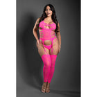 Fantasy Lingerie Sheer Sweet Revelation Slashed Cross Knit Halter Bodystocking & G-String Neon Pink Queen Size