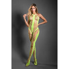Fantasy Lingerie Sheer Unstoppable Crotchless Rhinestone Knit Halter Bodystocking Neon Green O/S
