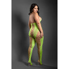 Fantasy Lingerie Sheer Unstoppable Crotchless Rhinestone Knit Halter Bodystocking Neon Green Queen Size