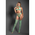 Fantasy Lingerie Sheer Heart Of Glass Lace Knit Halter Tie Top, G-String & Gartered Stockings Seaglass Green O/S