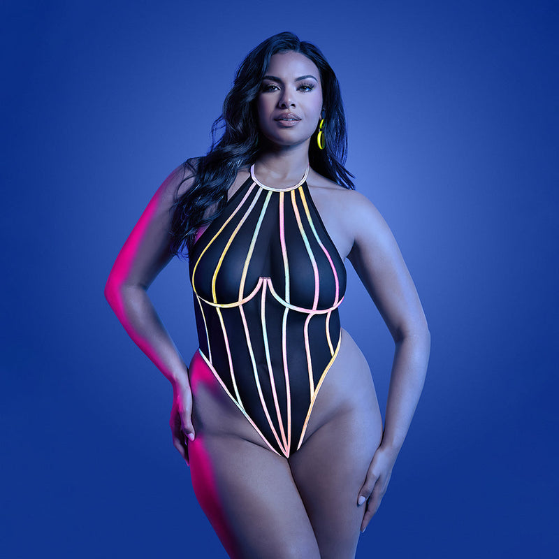 Fantasy Lingerie Glow Solar Flare Halter Tie Teddy with Underwire Queen Size