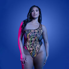 Fantasy Lingerie Glow Luminescent Floral Print One-Shoulder Teddy Queen Size