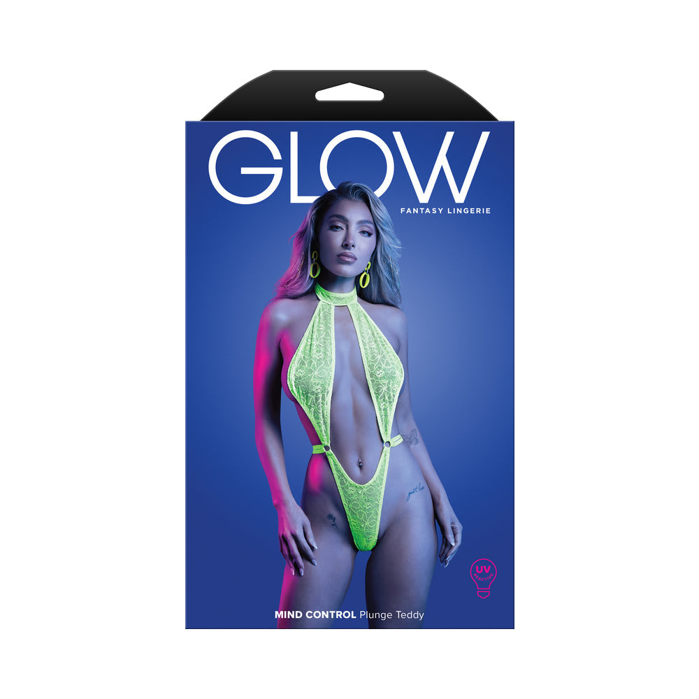 Fantasy Lingerie Glow Mind Control UV Reactive Lace Halter Plunge Teddy S/M