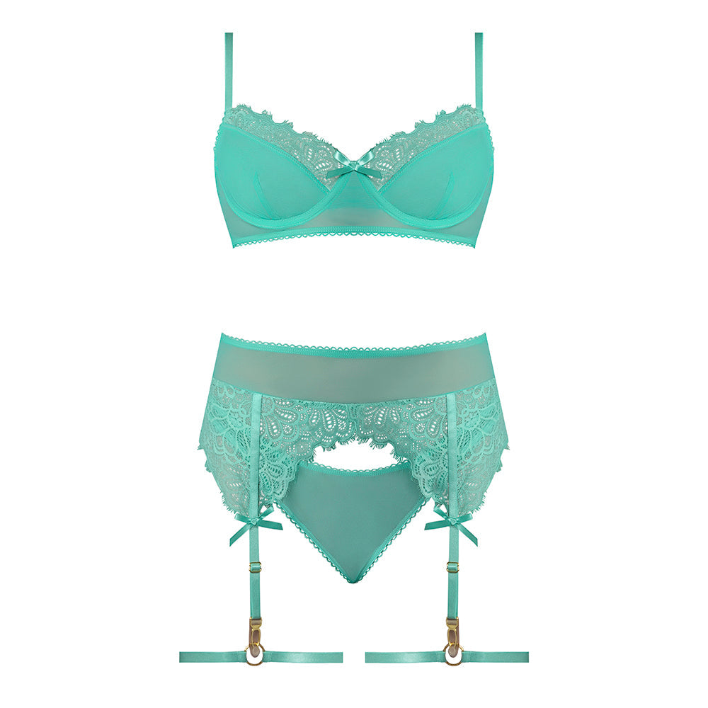 Magic Silk Caribbean Crush Demi Bra & Thong with Garter Set Aqua Glow Queen Size