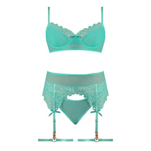 Magic Silk Caribbean Crush Demi Bra & Thong with Garter Set Aqua Glow Queen Size