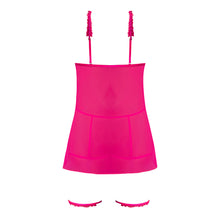 Magic Silk Pink Kink Cupless Babydoll, Harness Panty & Garter Cuffs Pink Glow Queen Size