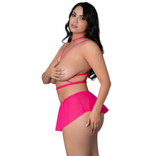 Magic Silk Pink Kink Harness Top, Open Crotch Skirt Panty & Choker Pink Glow Queen Size